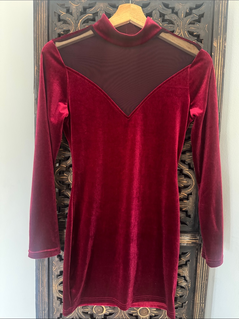 Velvet Mesh-Panel Long Sleeve Dress - Wine Red